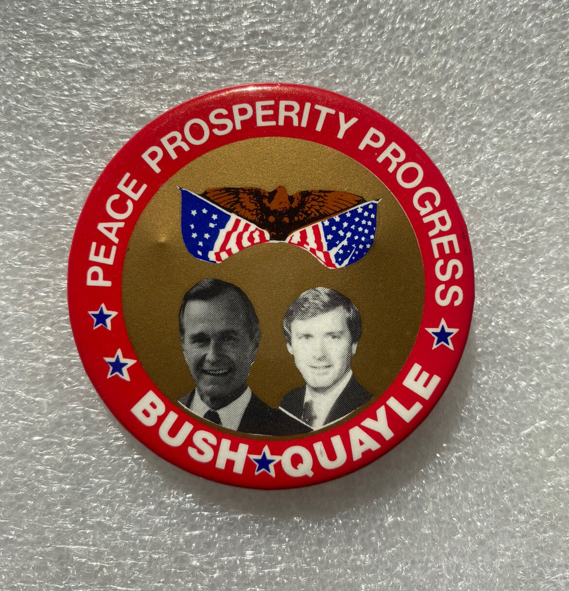 1988 George H.W. Bush Quayle Campaign Pin Button Peace Prosperity Progress 2.25″
