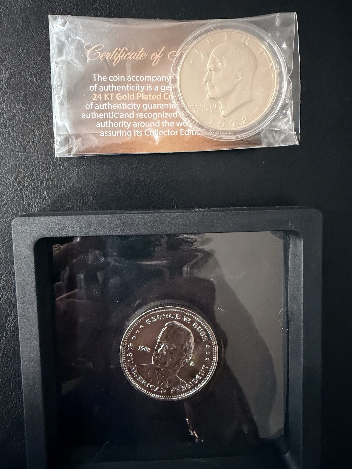 Lot of 2 George W. Bush Presidential Medal, 1972 24K Gold Plated Eisenhower Coin