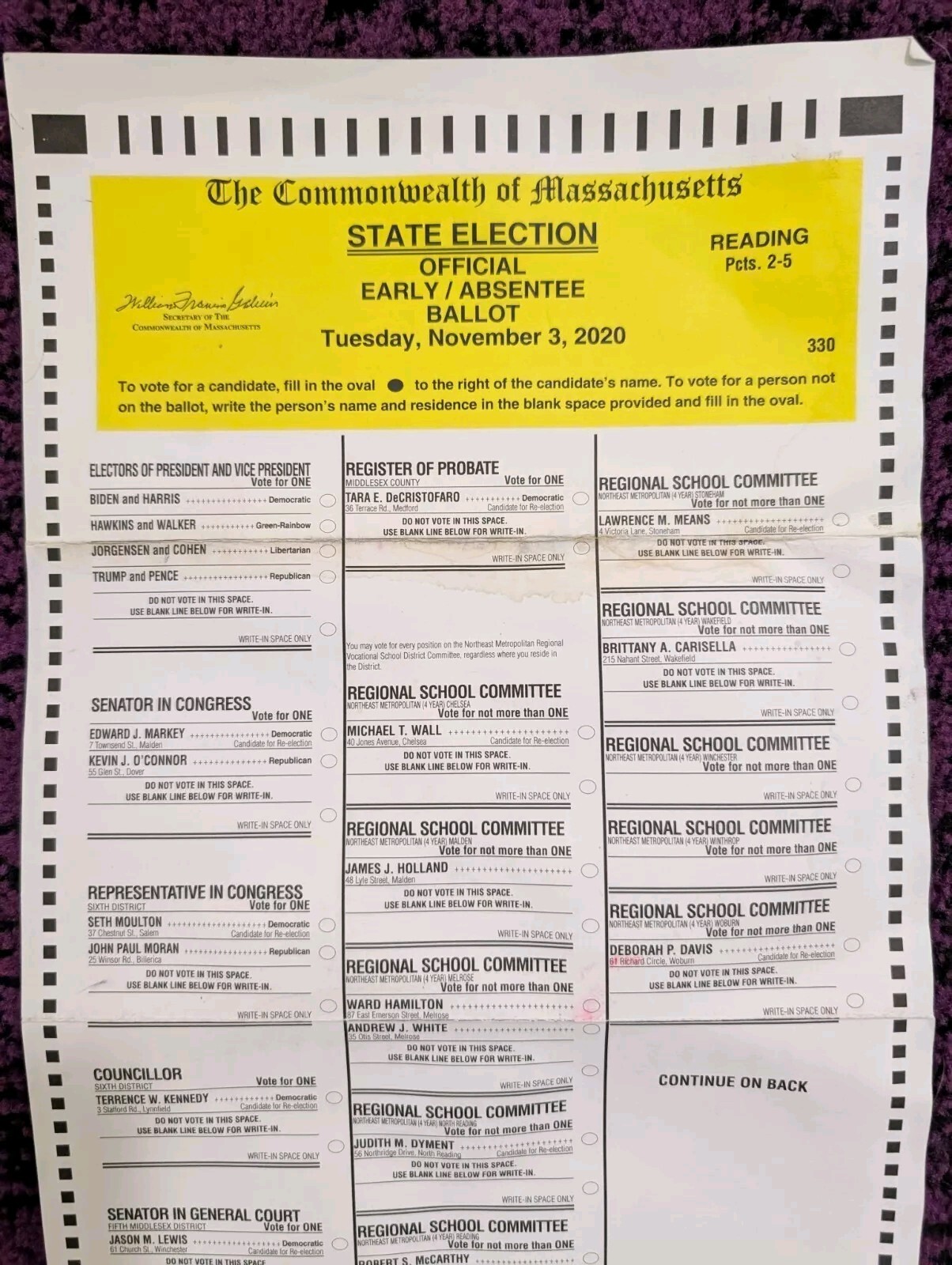 Original MA Ballot 2020 Presidential Election (Biden/Harris Trump/Pence) New