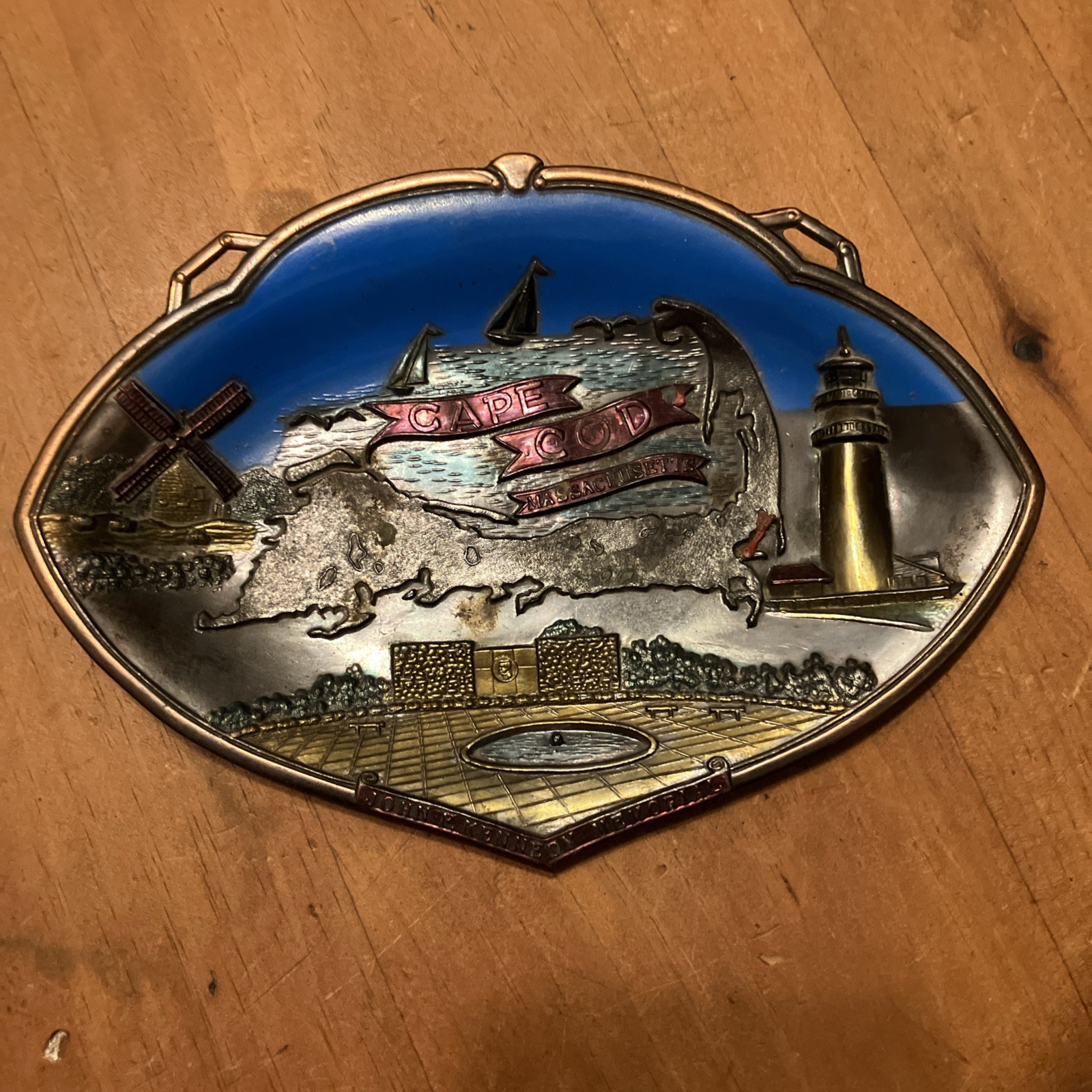 Vtg JFK Memorial Cape Cod Lighthouse Windmill 7”X5” Metal Plaque/ Trinket Japan
