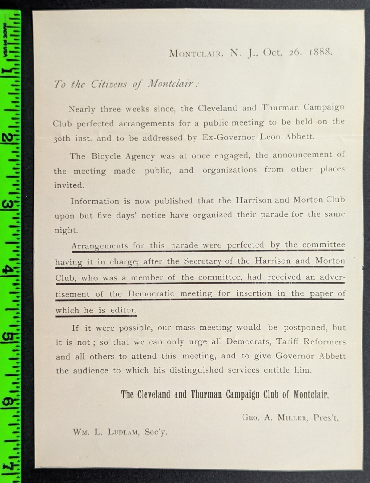 Antique 1888 Cleveland Thurman Campaign Club of Montclair NJ Parade Notice