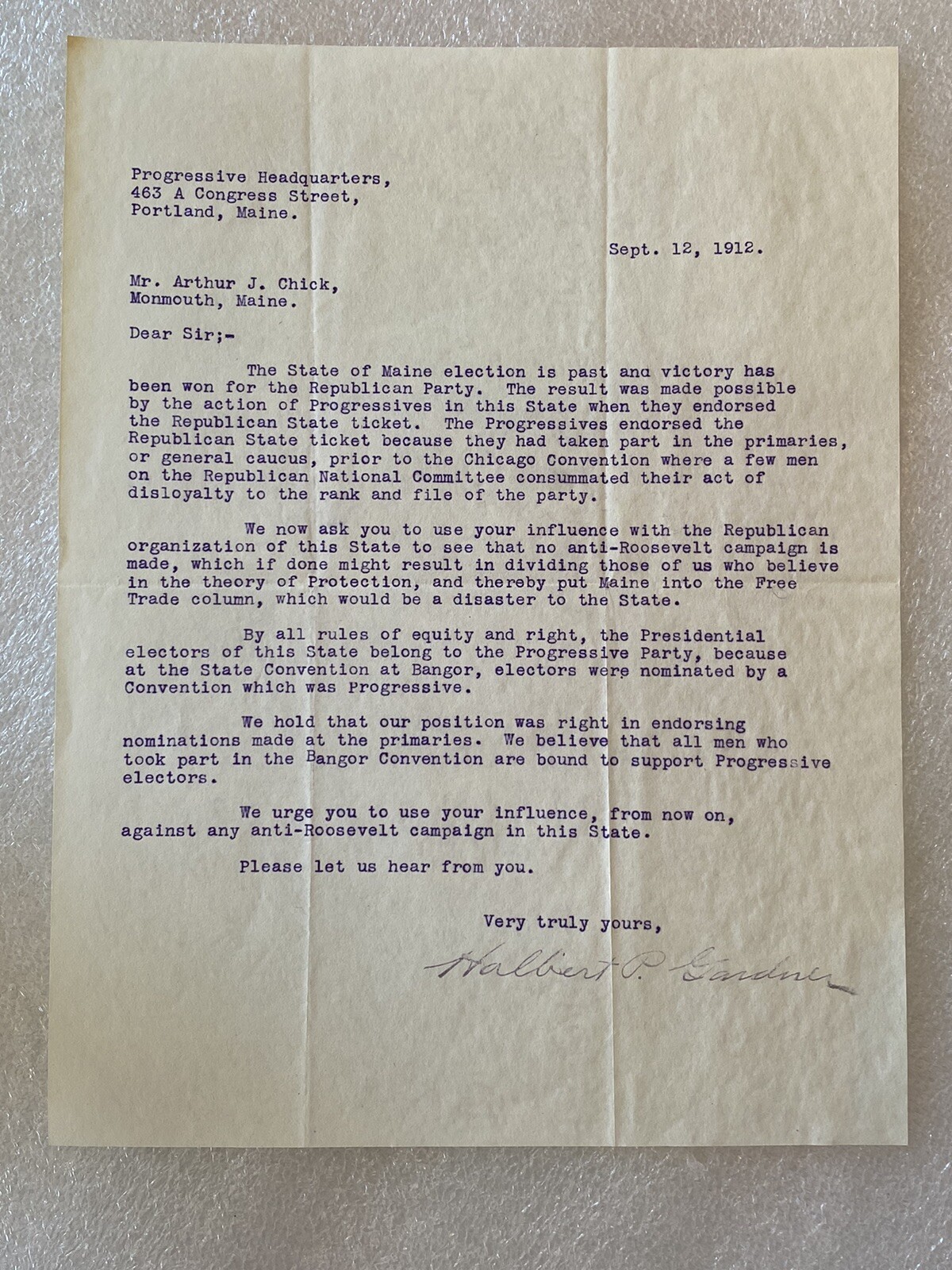 1912 Progressive Presidential Election Teddy Roosevelt Campaign Letter