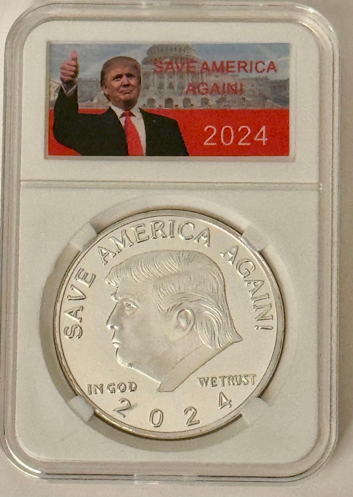 Donald J. Trump Silver Tone 2024 Commemorative Coin in Protective Case