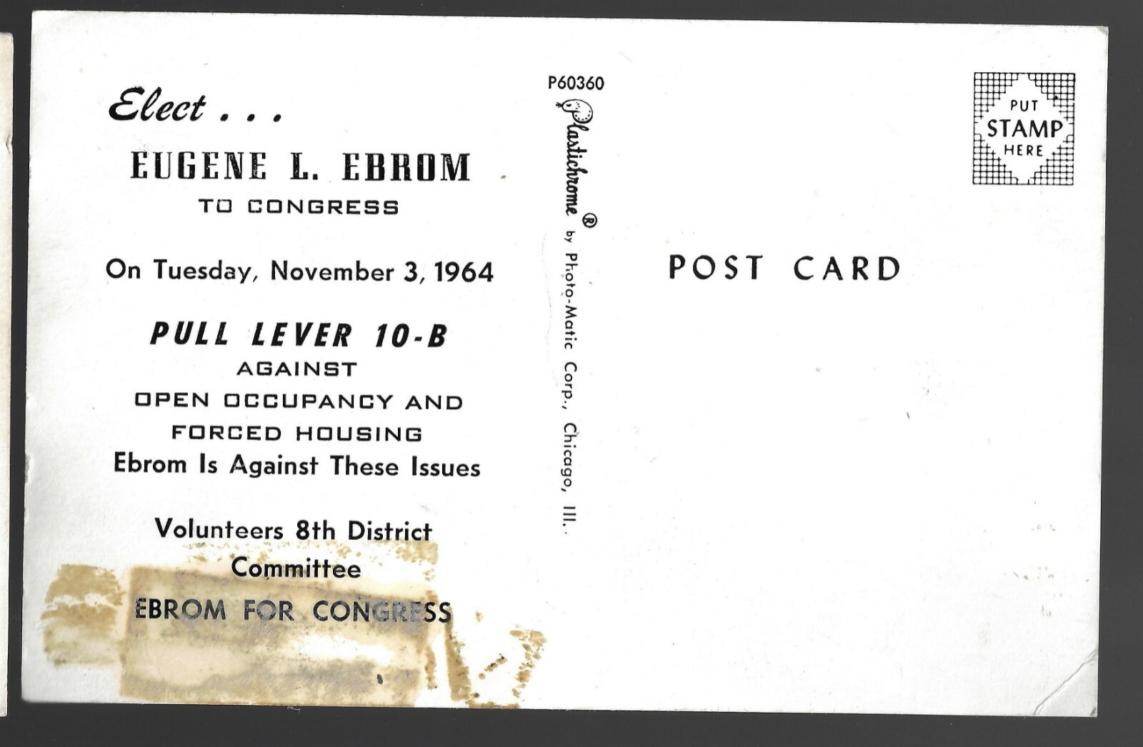 1964 Barry Goldwater Eugene Ebrom Illinois Coattail (yes, coattail) Postcard