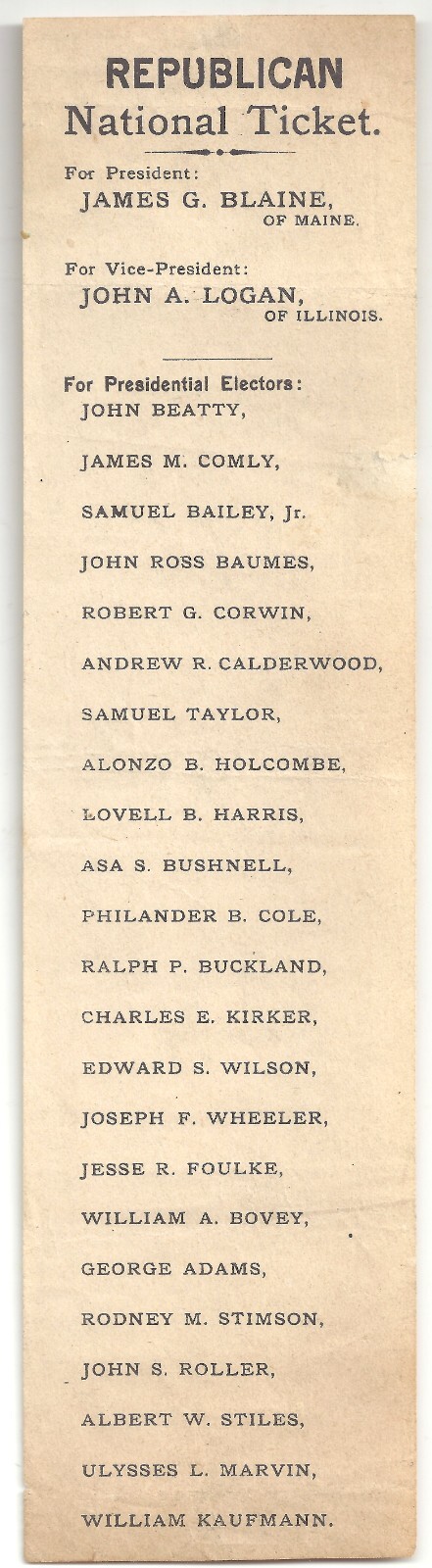 1884 OHIO Republican National Ticket Ballot BLAINE & LOGAN w/ Electors