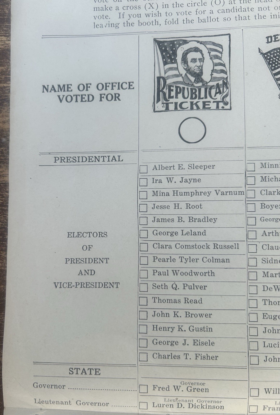 1928 Large 15.5″ x 21″ Michigan Presidential Ballot Prohibition, Socialist etc.