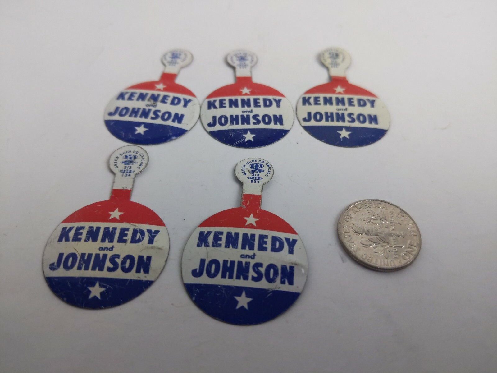 1960 Kennedy and Johnson Presidential Campaign Tab Pin Green Duck Co., Chicago