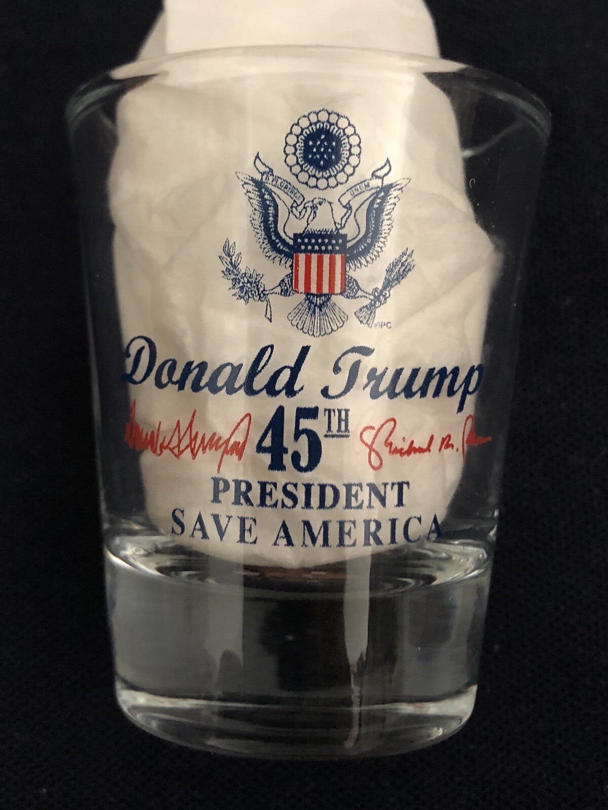TRUMP AMERICA SHOT GLASS (2) JIGGER EAGLE REPUBLICAN GOP MAGA FLAG =Two