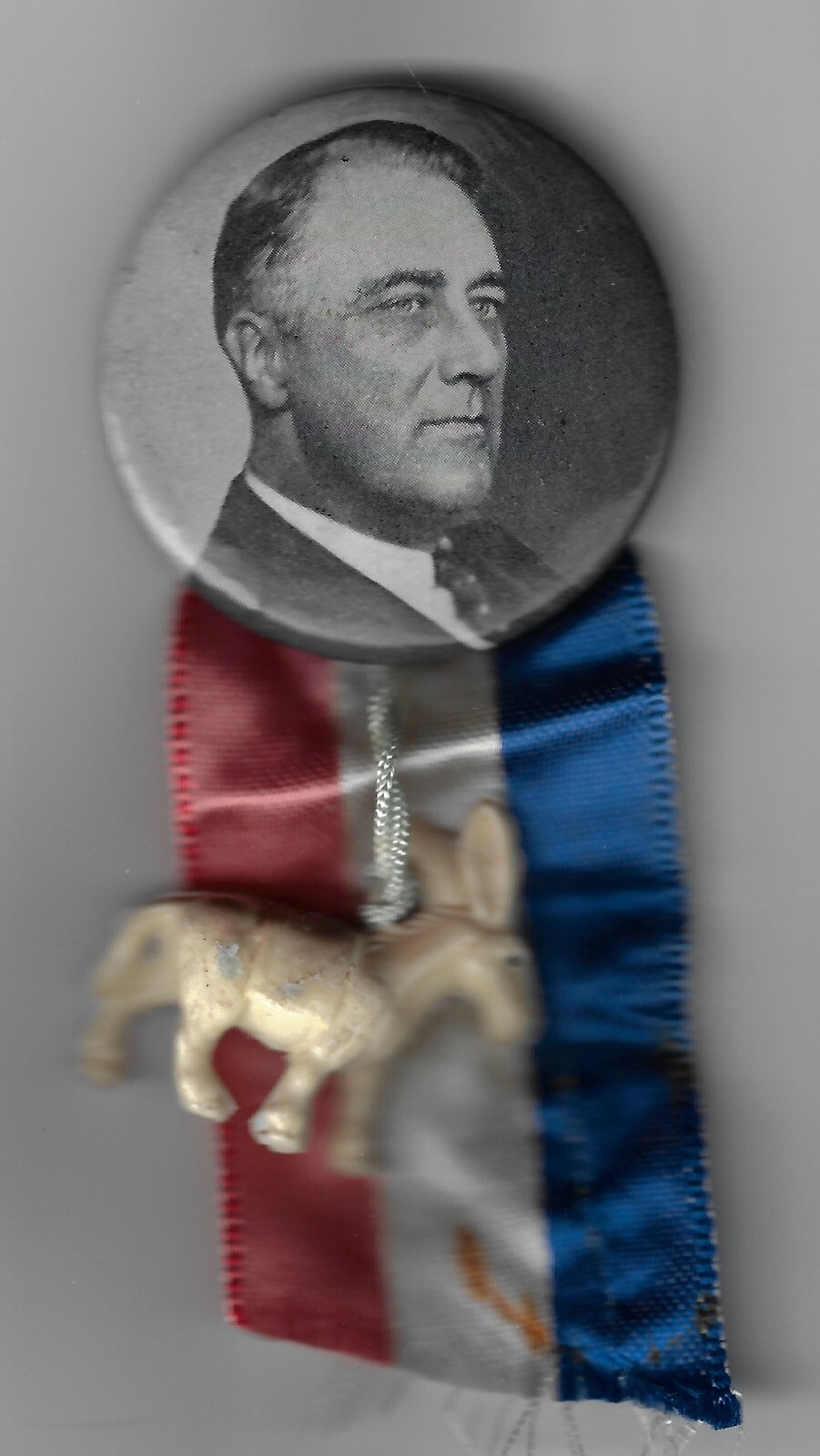 Nice Size @ 1932 Franklin Roosevelt Prez Campaign Pin Plastic Donkey & Ribbon